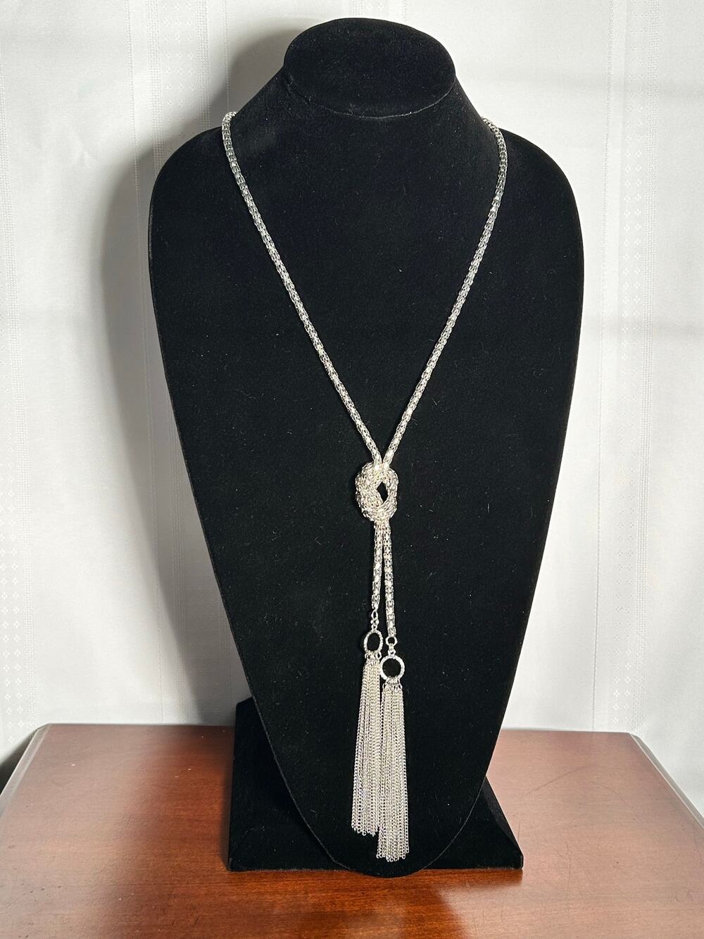 Silver Tone Mesh Twisted Knot Y Drop Necklace Delicate Fringe Tassel Pendant